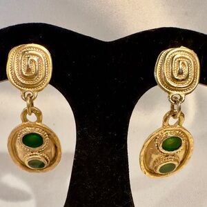 Vintage 80s Gold Etruscan Green Enamel Dangle Clip Earrings
